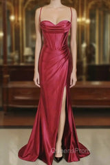 Burgundy Mermaid Satin Pleats Evening Prom Dress