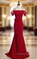 Burgundy Mermaid Satin Spagehtti Straps Evening Prom Dress With Sash