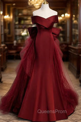 Burgundy Mermaid Satin Tulle Off the Shoulder Evening Prom Dress