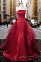 Burgundy Mermaid Satin Tulle Evening Prom Dress