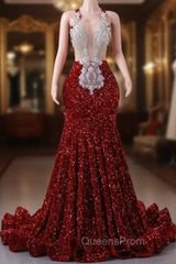 Burgundy Mermaid Sequins Appliques Backless Evening Prom Dress