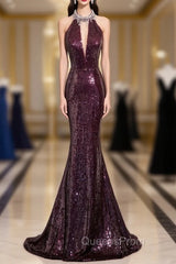 Burgundy Mermaid Sequins Beading Backless Evening Prom Dress