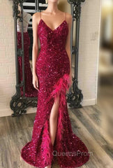 Burgundy Mermaid Sequins Feather Split Evening Prom Dress