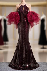 Burgundy Mermaid Sequins Halter Cut Out Evening Prom Dress