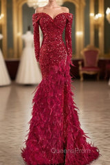 Burgundy Mermaid Sequins Off the Shoulder Long Sleeve Feather Evening Prom Dress