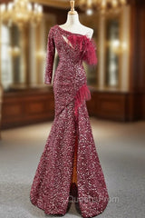 Burgundy Mermaid Sequins One Shoulder Long Sleeve Evening Prom Dress