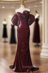 Burgundy Mermaid Sequins Pleats Evening Prom Dress