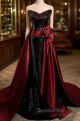 Burgundy Mermaid Sequins Satin Evening Prom Dress