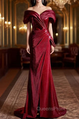 Burgundy Mermaid Sequins Spaghetti Straps Pleats Evening Prom Dress