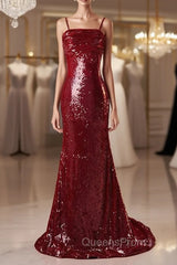 Burgundy Mermaid Sequins Spaghetti Straps Evening Prom Dress