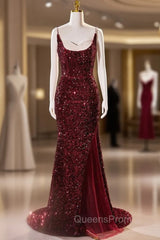Burgundy Mermaid Sequins Spaghetti Straps Evening Prom Dress