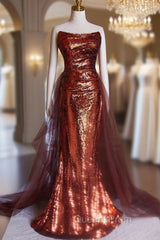 Burgundy Mermaid Sequins Strapless Pleats Evening Prom Dress
