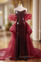 Burgundy Mermaid Sequins Strapless Evening Prom Dress With Train