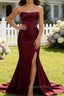 Burgundy Mermaid Strapless Pleated Corset Long Prom Dress with Slit