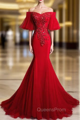 Burgundy Mermaid Tulle Off the Shoulder Beading Sequins Evening Prom Dress