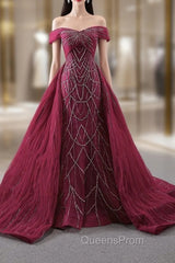 Burgundy Mermaid Tulle Off the Shoulder Pleats Evening Prom Dress
