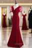 Burgundy Mermaid V-neck Puff Sleeve Evening Prom Dress