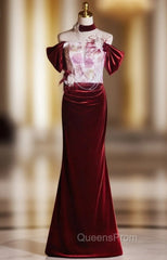 Burgundy Mermaid Velvet Off the Shoulder Pleats Flower Evening Prom Dress