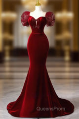Burgundy Mermaid Velvet Puff Sleeve Bow Evening Prom Dress