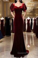 Burgundy Mermaid Velvet Short Sleeve Evening Prom Dress
