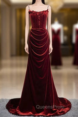 Burgundy Mermaid Velvet Spaghetti Straps Flower Evening Prom Dress