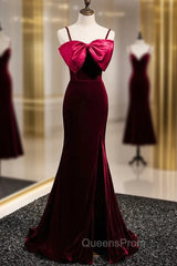 Burgundy Mermaid Velvet Spaghetti Straps Evening Prom Dress With Bow