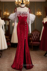 Burgundy Mermaid Velvet Spaghetti Straps Evening Prom Dress With Split