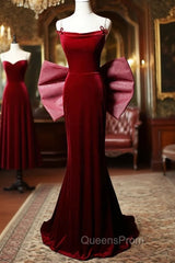 Burgundy Mermaid Velvet Straps Evening Prom Dress With Bow