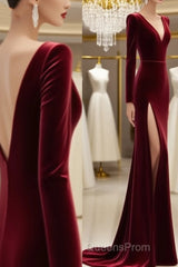 Burgundy Muslim Evening Dress Mermaid V-Neck Long Sleeves Velvet Slit Islamic Dubai Saudi Arabic Long Formal Evening Gown