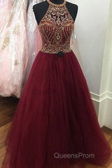 Burgundy O Neck Sequin Beads Tulle Evening Prom Dress, Burgundy Evening Dress