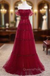 Burgundy Off Shoulder Long Evening Prom Dress, Burgundy Evening Dress with Beading Sequin
