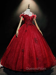 Burgundy Off Shoulder Tulle Lace Long Evening Prom Dress, Burgundy Lace Sweet 16 Dress