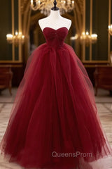 Burgundy Off Shoulder Tulle Lace Long Evening Prom Dress, Burgundy Evening Graduation Dress