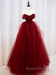Burgundy Off Shoulder Tulle Lace Long Evening Prom Dress, Burgundy Evening Graduation Dress