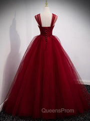 Burgundy Off Shoulder Tulle Long Evening Prom Dress, Burgundy Evening Dress