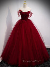 Burgundy Off Shoulder Tulle Long Evening Prom Dress, Burgundy Evening Dress