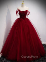 Burgundy Off Shoulder Tulle Long Evening Prom Dress, Burgundy Evening Dress