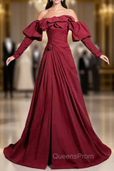 Burgundy off the Shoulder Pleats Evening Prom Dress With Detachable Sleeve