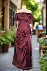 Burgundy Off The Shoulder Prom Dresses Simple Satin Formal Dresses