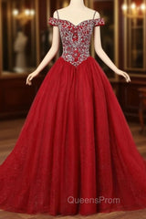 Burgundy Off the Shoulder Tulle Ball Gown Crystal Quinceanera Dress