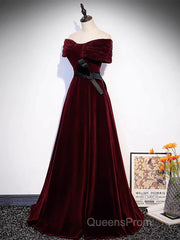 Burgundy Off The Shoulder Velvet Long Evening Prom Dress