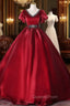 Burgundy Organza V-neck Puff Sleeve Beading Quinceanera Dress