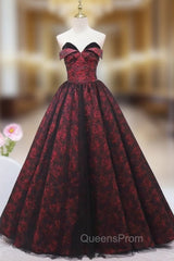 Burgundy Print Strapless Evening Prom Dress
