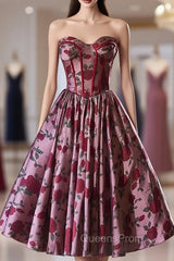 Burgundy Print Sweetheart Print Homecoming Dress