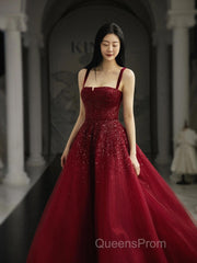 Burgundy Evening Prom Dress A Line Straps Tulle Evening Dress