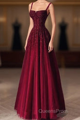 Burgundy Evening Prom Dress A Line Straps Tulle Evening Dress