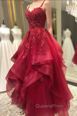 Burgundy Evening Prom Dress, A-line V Neck Spaghetti Straps Long/Floor-Length Lace Evening Prom Dress With Beading