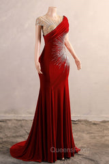 Burgundy Evening Prom Dress Bodycon Velvet Long Evening Dress with Embroidered Beadings