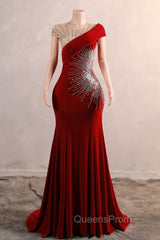 Burgundy Evening Prom Dress Bodycon Velvet Long Evening Dress with Embroidered Beadings