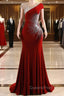 Burgundy Evening Prom Dress Bodycon Velvet Long Evening Dress with Embroidered Beadings